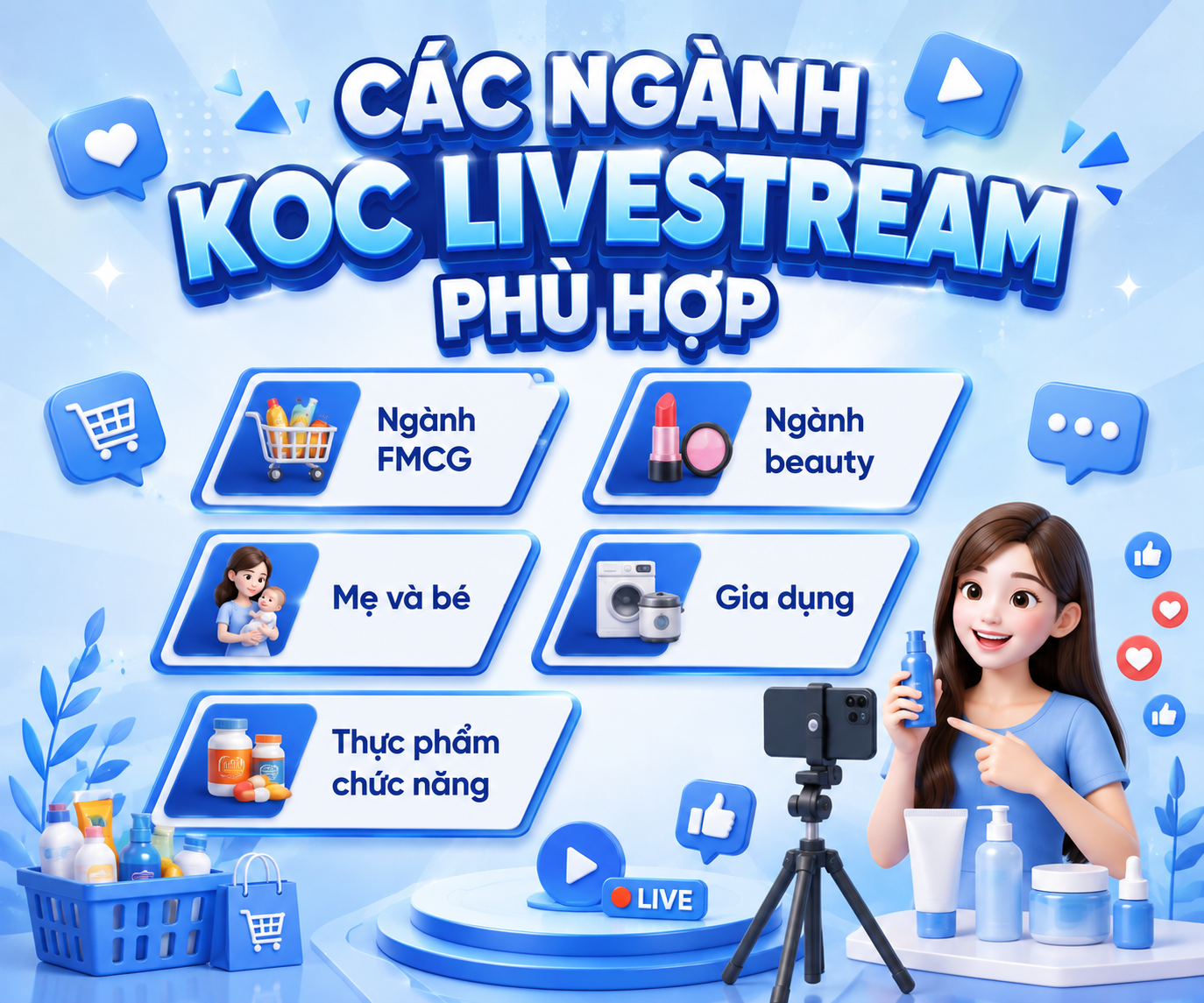 Các doanh nghiệp, thương hiệu thuộc các ngành: FMCG, beauty, mẹ và bé, gia dụng, thực phẩm chức năng rất phù hợp booking KOC livestream để tăng doanh số