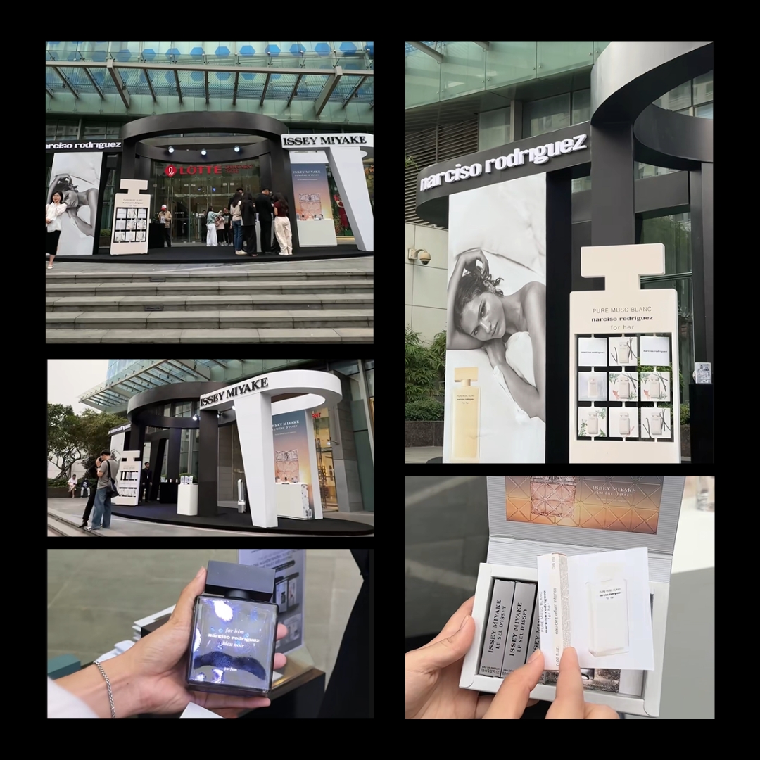 Ảnh chụp toàn cảnh không gian Pop-up Store "The Art of Sensuality" cực kỳ sang trọng tại Lotte Liễu Giai với thiết kế tone màu tối giản, tinh tế, trưng bày các dòng sản phẩm Lumière d'Issey và Narciso Rodriguez Musc