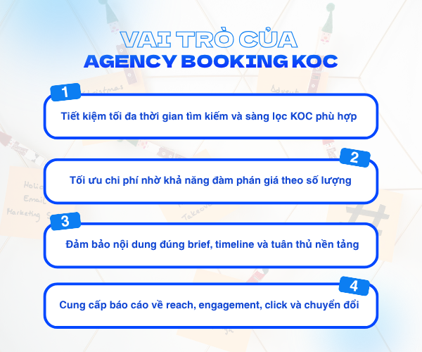 Vai trò của agency booking KOC bao gồm tiết kiệm thời gian, tối ưu ngân sách, đảm bảo chất lượng nội dung và cung cấp báo cáo sau chiến dịch